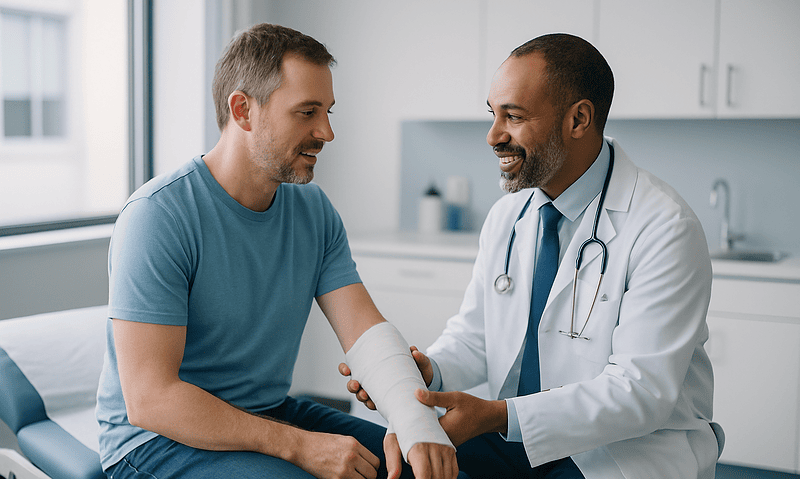 Doctor examining patient's arm in a medical consultation room.