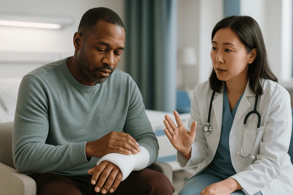 Doctor examining patient's bandaged wrist and hand injury: Cast too tight warning signs: the six things to watch