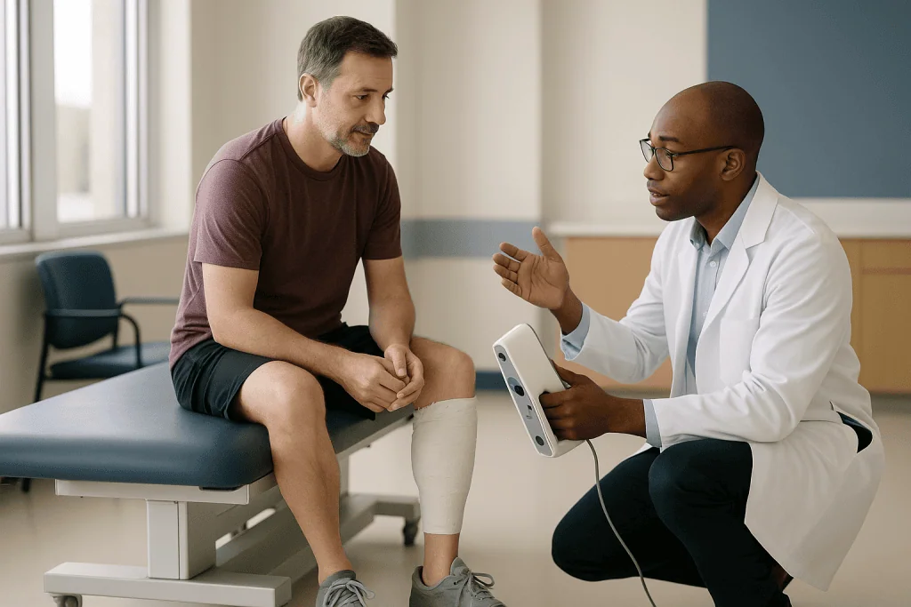 Doctor consulting patient with tablet device in clinic: Casting and 3D scanning: capturing the shape of the limb