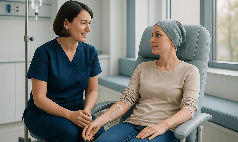Healthcare professional comforting a patient in a hospital room.