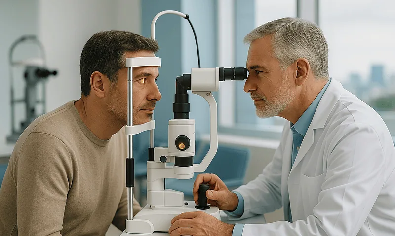 Ophthalmologist examining patient's eye with slit lamp in clinic.