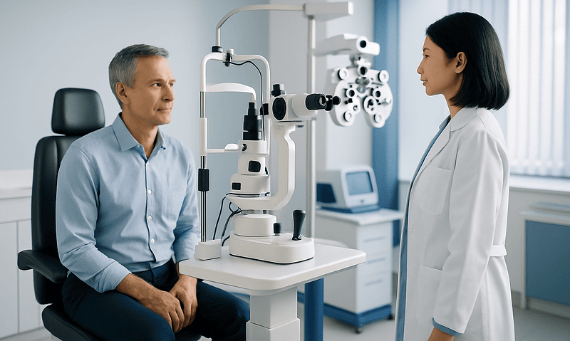 Ophthalmologist consulting with patient during eye examination at clinic.
