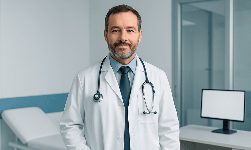 Doctor in white coat with stethoscope in modern hospital room.