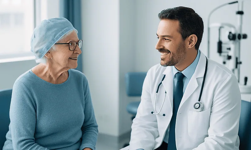 Doctor consulting elderly woman in a medical clinic setting.