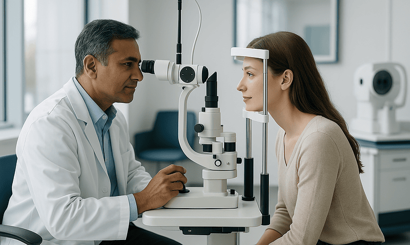 Ophthalmologist examining a patient's eye with a slit lamp in a clinic.