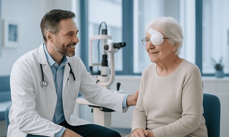 Ophthalmologist consulting with elderly patient after cataract surgery.