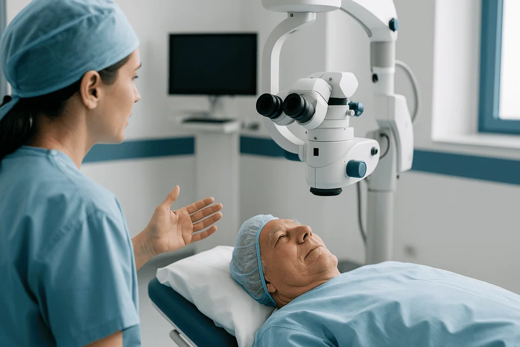 Surgeon examining patient's eye with surgical microscope — Cataract surgery: what actually happens in the room
