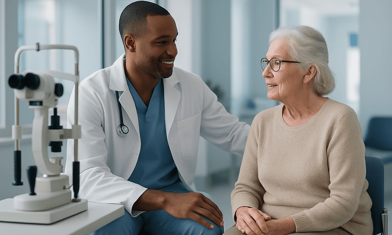 Optometrist consulting with elderly patient in a modern clinic setting.
