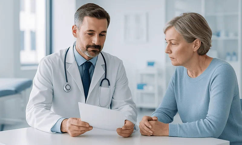 Doctor consulting with an elderly woman in a medical office.