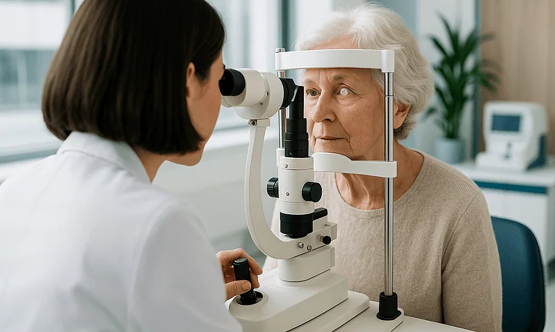 Ophthalmologist examining elderly woman's eye with slit lamp in clinic.