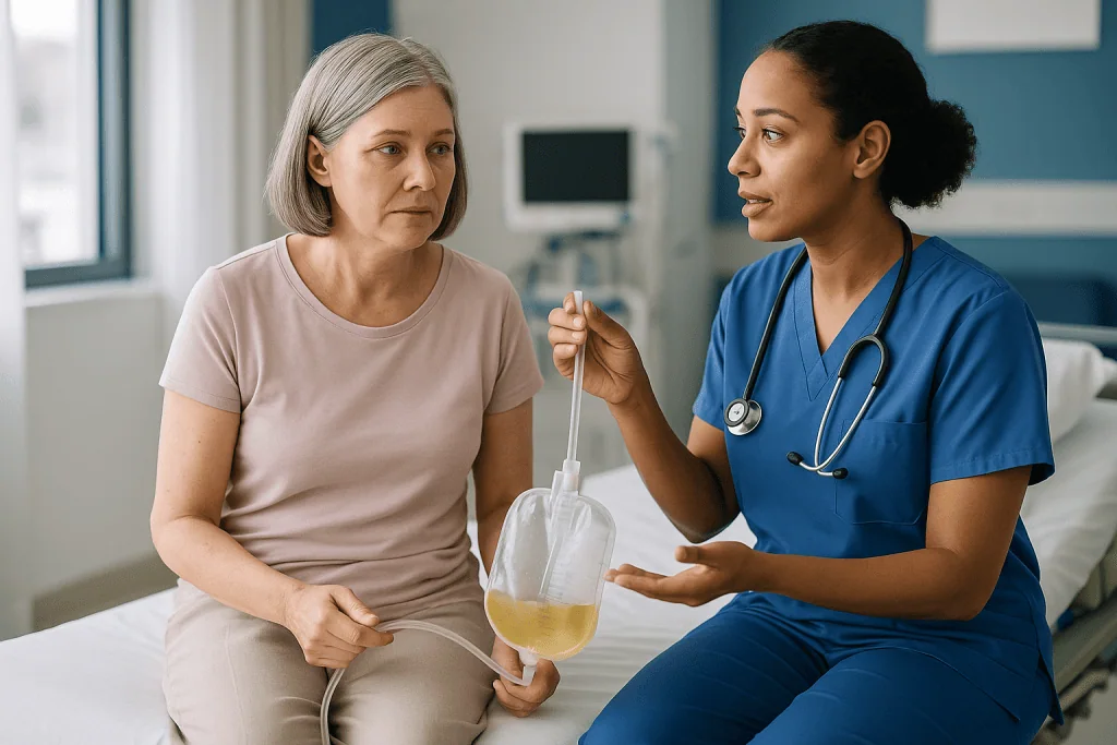 Healthcare provider discussing urinalysis results with patient: Catheter-associated UTI: how a tube turns infection into a d