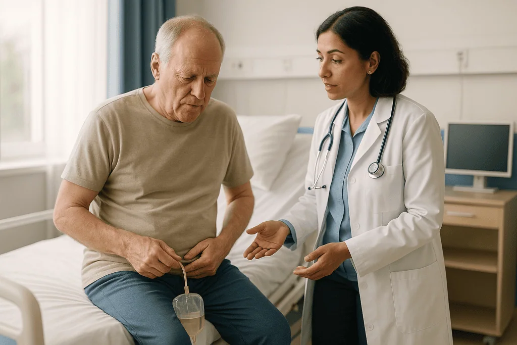 Doctor consulting with elderly male patient in hospital room: Catheter, burning and bladder spasms after TURBT