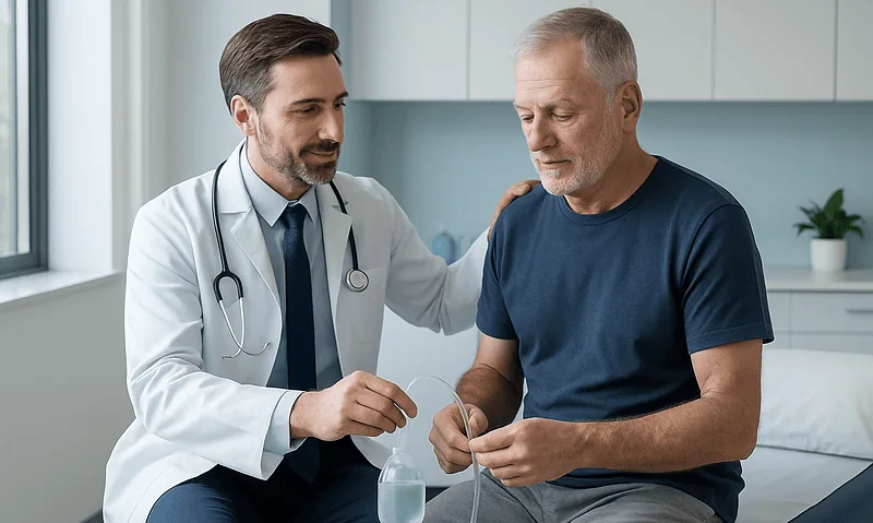 Doctor explaining catheter care to patient after prostate surgery.