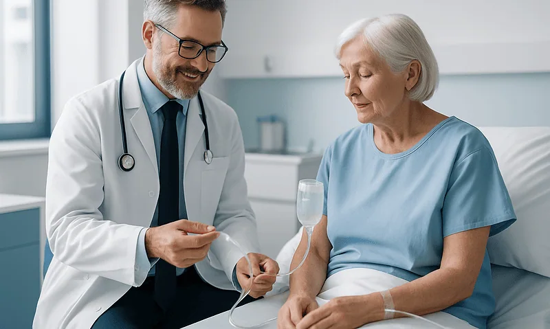 Doctor checking IV fluids with elderly patient in hospital room.