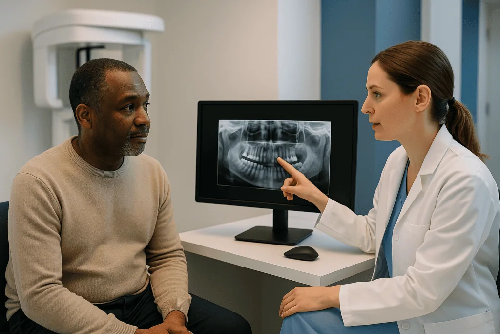 Dentist explaining panoramic X-ray to adult male patient: CBCT scan for dental implants: what actually happens