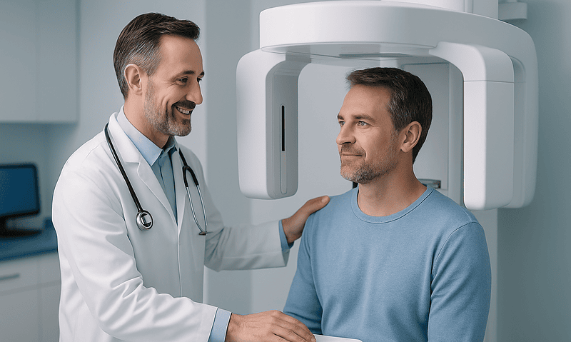 Dentist and patient during CBCT scan in dental clinic.