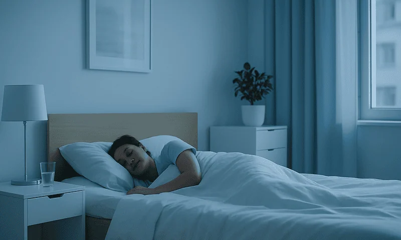 Young woman sleeping peacefully in a modern bedroom at night.