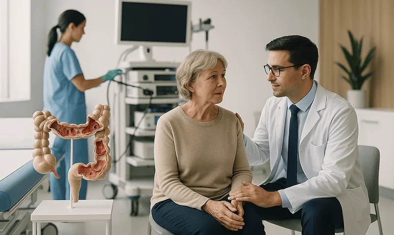 Doctor consulting with elderly woman about digestive health in clinic.