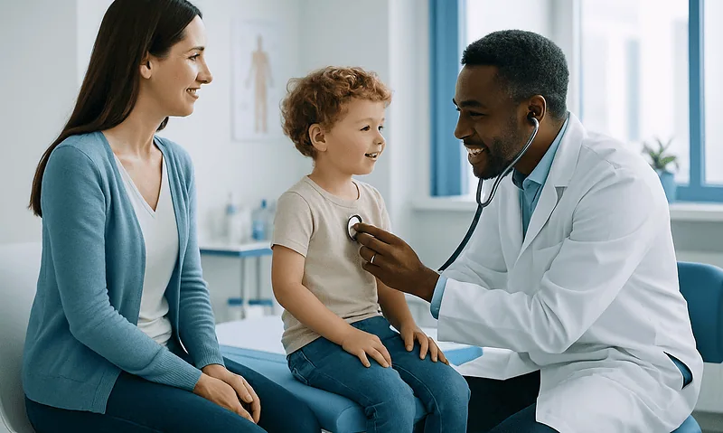 Pediatric doctor examining a young boy with his mother present.