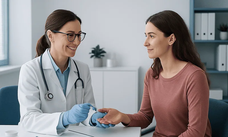 Doctor performing a blood test on a patient in a clinical setting.