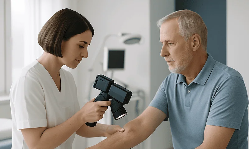 Doctor examining patient's arm for cellulitis at Acibadem Hospital.