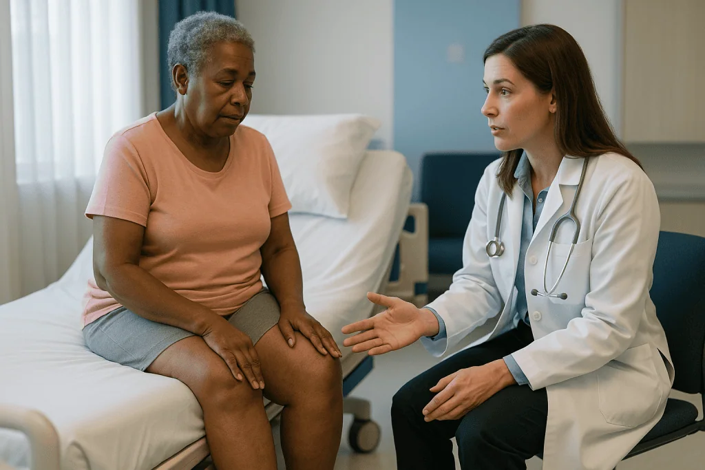 Doctor consulting senior patient about leg condition: Cellulitis and lymphedema: why a swollen limb is a vulnerable limb