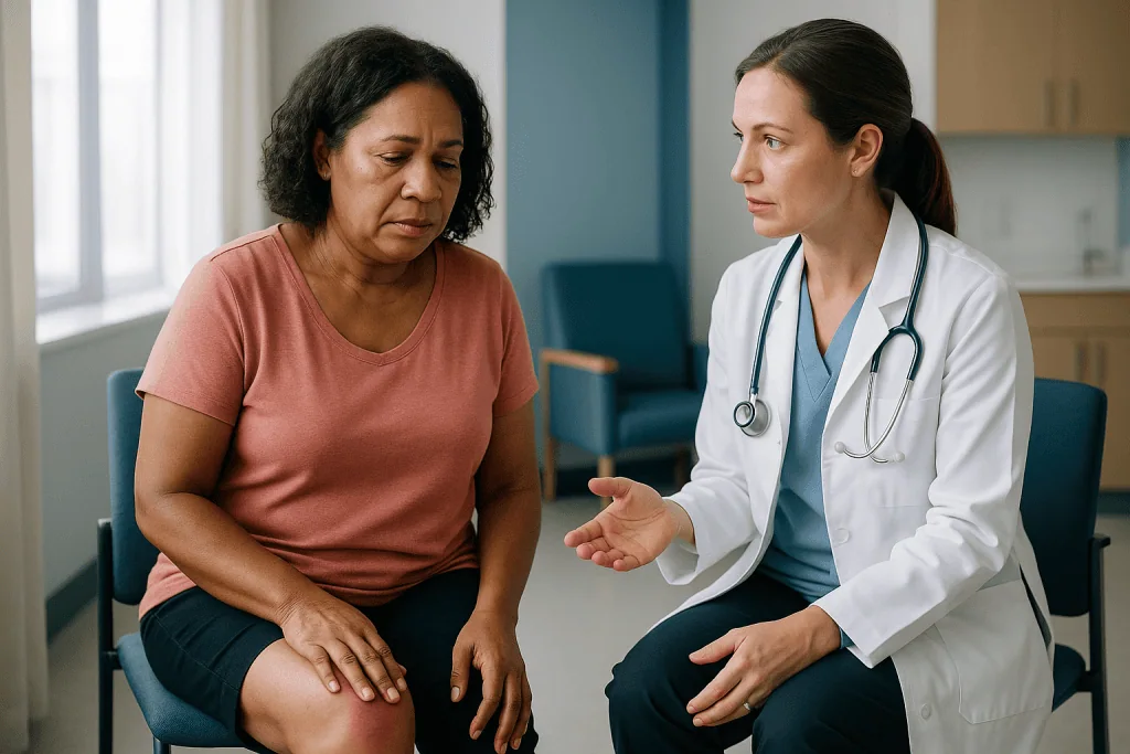 Doctor consulting patient about leg inflammation and redness: Cellulitis not improving after 48 hours: what that phrase shou