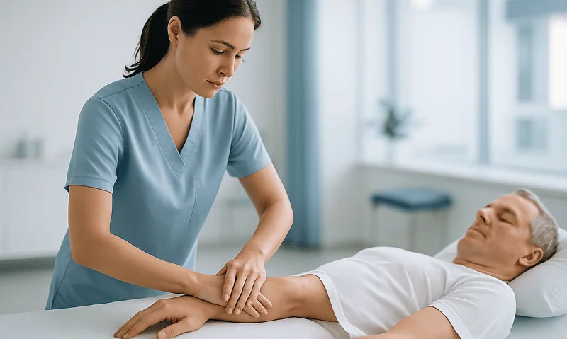 Nurse examining patient's arm in a hospital room.