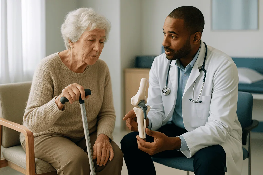 Doctor consulting elderly patient holding walking cane: Cemented hip replacement and osteoporosis: why fixation matters