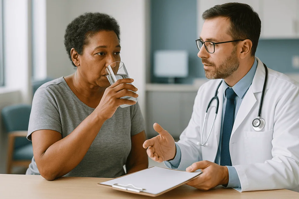 Doctor consultation with patient drinking water: Central or nephrogenic diabetes insipidus: which type do I have?