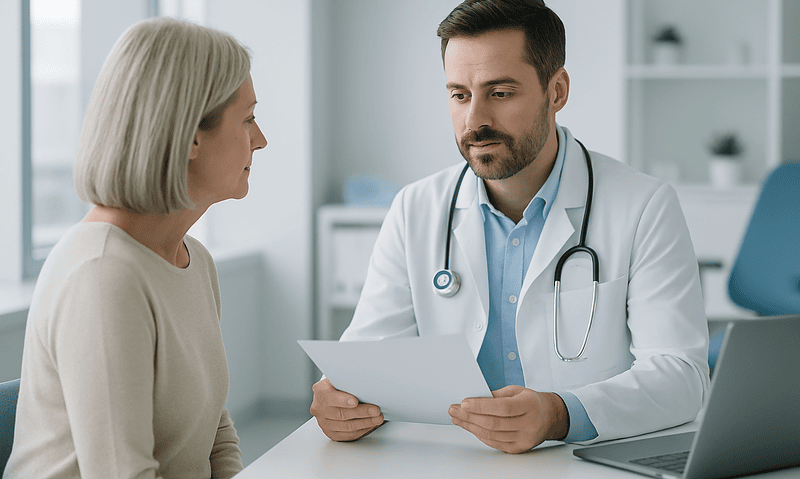 Doctor consulting with a female patient in a medical office.