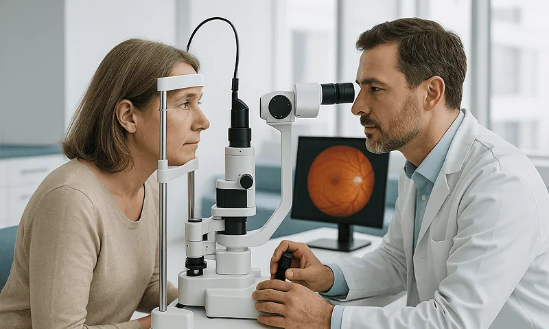 Ophthalmologist examining patient's eye with slit lamp at Acibadem Hospital.