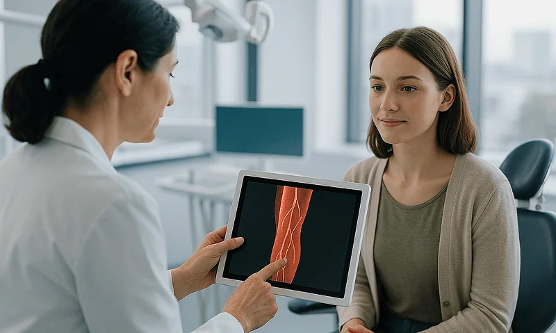 Doctor explaining vascular imaging to a patient in a medical consultation.
