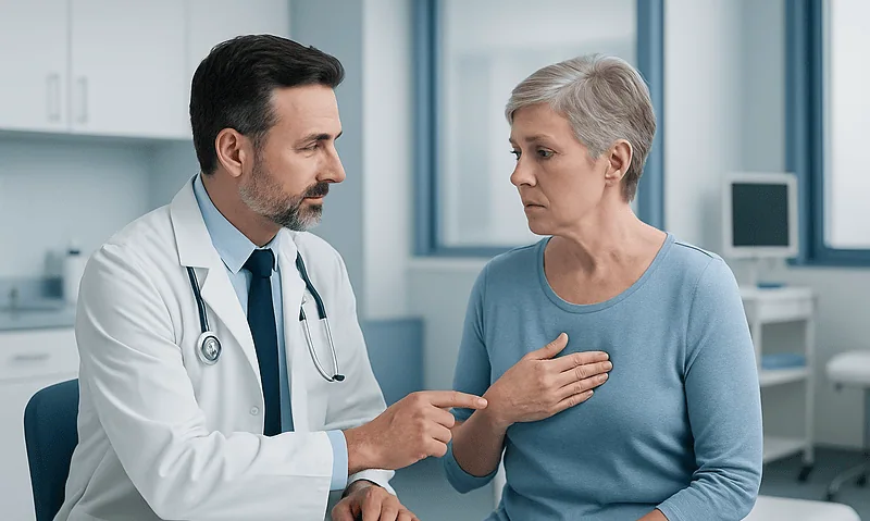 Doctor explaining symptoms to an elderly woman in a medical consultation.