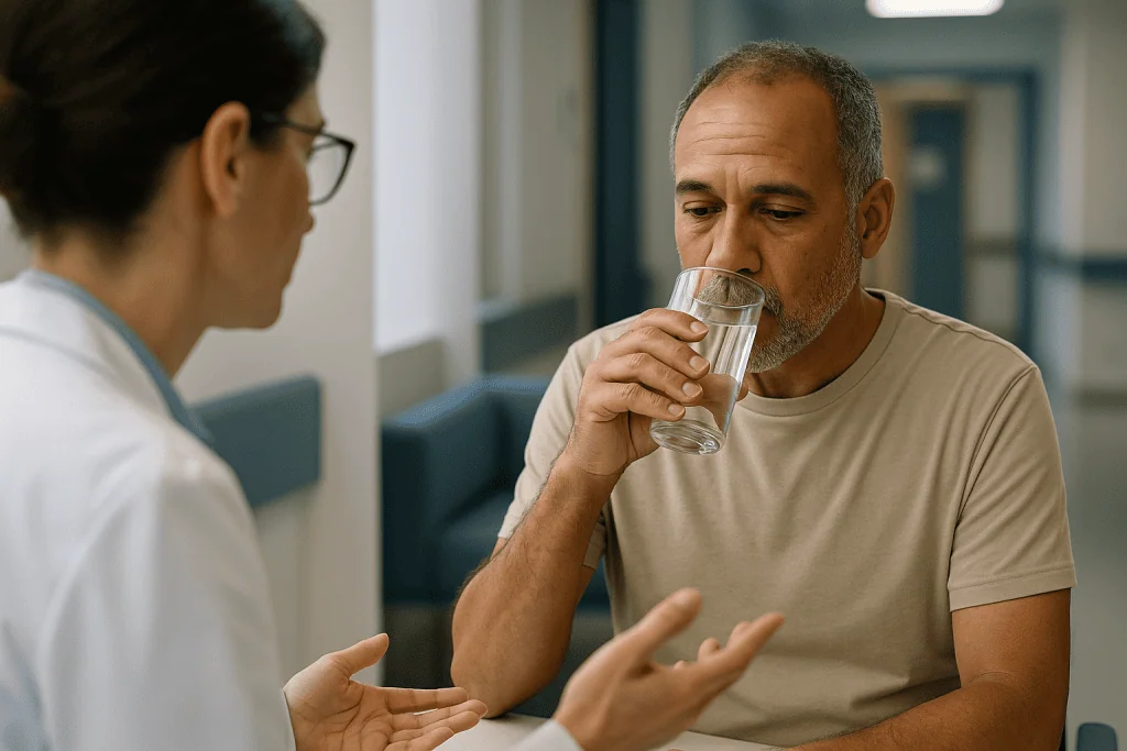 Doctor or nurse consulting with middle-aged male patient — Central vs nephrogenic diabetes insipidus: same thirst, two broken