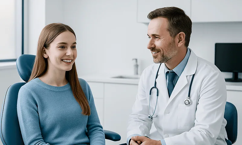 Young woman consulting with a doctor about dental options in a clinic.