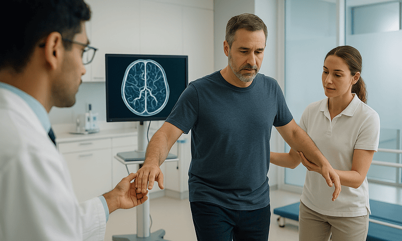 Doctor and nurse assisting a patient with a cerebral aneurysm diagnosis.