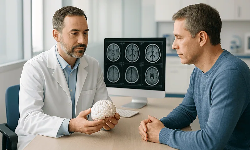 Doctor explaining brain scans to a patient in a medical consultation.