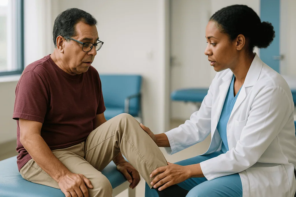 Doctor examining adult patient's leg in clinic: Cerebral palsy in adults: what changes in the body over time