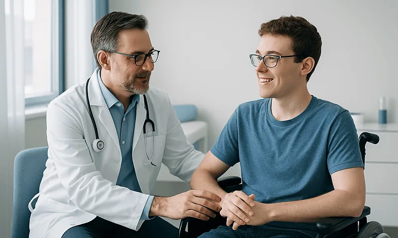 Doctor consulting with a young male patient in a wheelchair at a hospital.