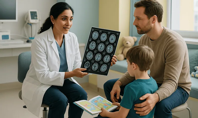 Pediatric neurologist explaining brain scans to a young patient and parent.