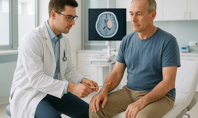 Doctor examining patient with brain scan in background for cerebrovascular health.