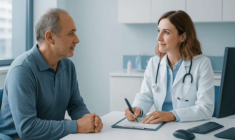 Doctor consulting with patient in a medical office setting.