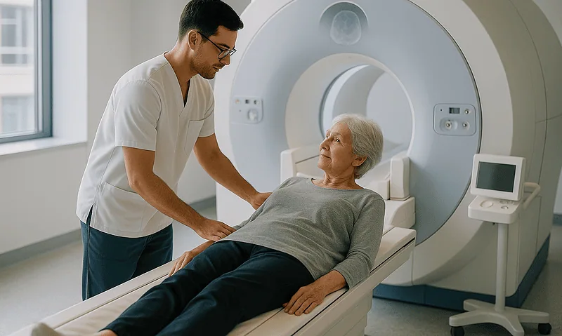 Medical professional preparing elderly patient for brain MRI scan at Acibadem Hospital.