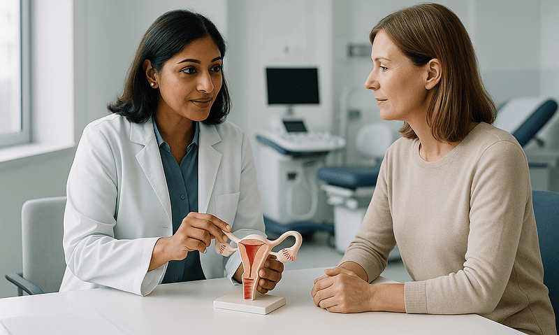Gynecologist explaining cervical health to a patient in a clinic setting.