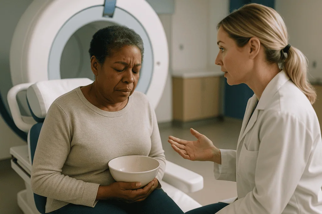Healthcare provider consulting patient in medical facility: Cervical cancer radiation side effects week by week: what the co