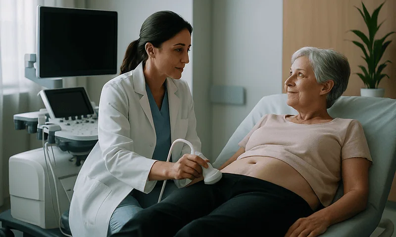 Doctor performing ultrasound exam on elderly woman in hospital room.