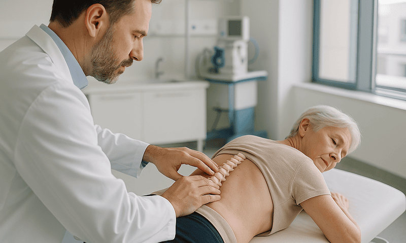Doctor examining patient's lower back for cervical disc herniation.