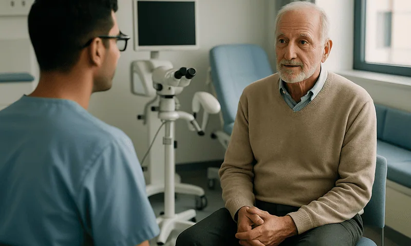 Doctor consulting with senior male patient in a medical office.