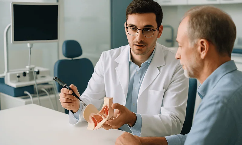 Doctor explaining cervical anatomy to patient in a medical consultation.